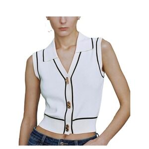 Urban Revivo Cream Black Trim Knit Cardigan Vest Gold Turlock Buttons XXL US12